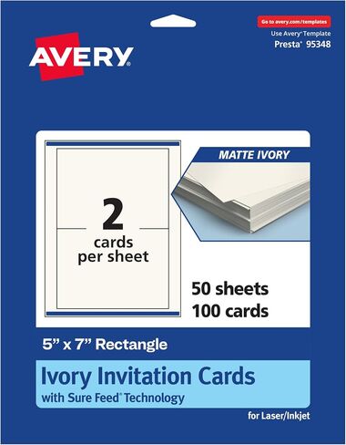 بطاقات مستطيلة قابلة للطباعة من Avery مع تقنية Sure Feed، مقاس 5 بوصات × 7 بوصات، بطاقات عاجية غير لامعة، ليزر/نفث الحبر، 100 إجمالي، رائعة لبطاقات الدعوة وبطاقات الشكر in Saudi Arabia