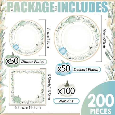 200 Pcs Fall Paper Plates and Napkins White Pumpkin Plates Thanksgiving Disposable Plates Napkins Pumpkin Tableware Set for Fall Thanksgiving Party Supplies, 50 Guests in Saudi Arabia