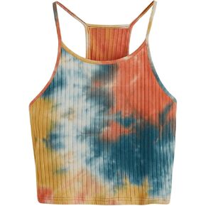 Women's Ribbed Knit Tie Dye Camisole Top Sleeveless Slim Fit Crop Tops Y2K Cami Shirts