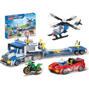 City Police Truck and Trailer Building Sets, Compatible with Lego Police Car with Tow Truck, Helicopter, Car, Motorcycle, Police Chase Building Blocks Toy Set Gift for Boys Aged 6-12, 509 PCS