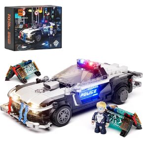 FUNWHOLE Police Patrol Car Lighting Building-Bricks Set - Cyberpunk City Car Chase Playkit with Officer 372 Pcs STEM Toys