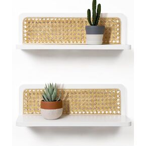 Rattan Floating Shelves, Boho Cane Webbing Wall Shelves Farmhouse Display Storage Organizer White Bookshelves Wicker Room Decor for Living Room Bedroom Entryway Hallway Bathroom, Set of 2