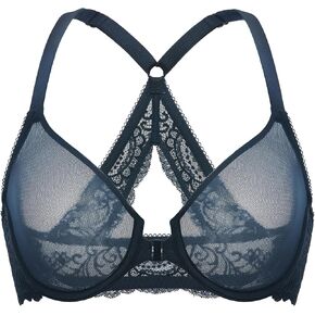 DELIMIRA Women's Front Closure Racerback Bra Sheer Mesh Plus Size Full Coverage Underwire Unlined Bras