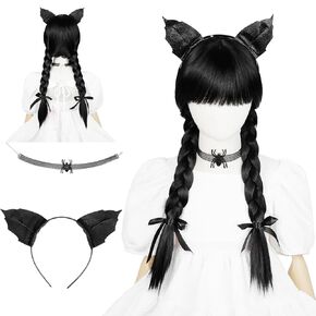 Aicos Long Black Braided Wig with Bangs Headband and Choker for Kids Girls, Halloween Costume Twisted Pigtail Wigs+ Wig Cap