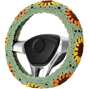 Crochet Steering Wheel Cover Set,Cute Steering Wheel Cover Boho 14-15'',Sunburst Granny Square Pattern,Gift for Women Car Decoration Accessories HZYZW (A Wheel Cover)