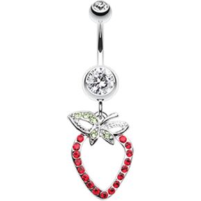 Pierced Owl 14GA CZ Crystal Dangling Red Strawberry Outline Belly Button Ring
