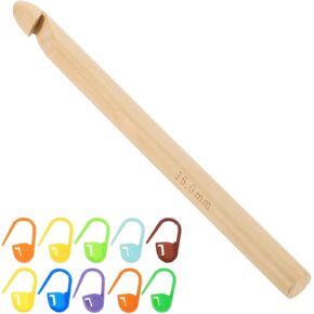 uxcell Wood Huge Crochet Hook 15mm US Size P/Q Big Wooden Bamboo Crochet Needles with 10 Pcs Knitting Stitch Markers for Crocheting Giant Chunky Yarn