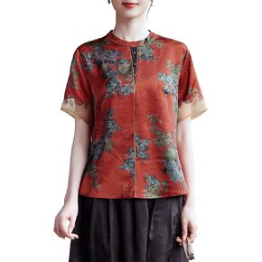 Women's Round Neck Short Sleeve Chinese Traditional Blouse with Foliage Print