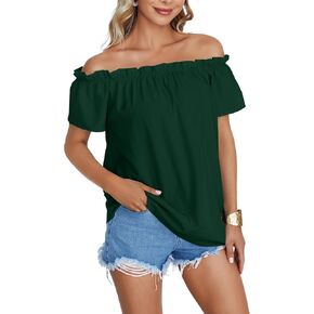 LYANER Women's Off Shoulder Ruffle Short Sleeve Ruched Casual Loose Tops Blouse Shirt