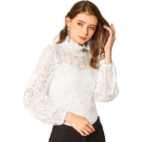 Allegra K Women's Floral Lace Top Turtleneck Puff Long Sleeve See Through Sheer Blouse