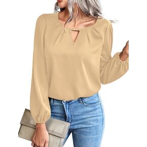 LYANER Women's V Neck Pleated Solid Puff Long Sleeve Blouse Office Shirt Top