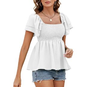 Women's Summer Peplum Tops Square Neck Ruffle Trim Short Sleeve Blouse Smocked Top Dressy Casual Shirts
