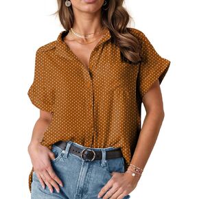 HOTOUCH Womens Short Sleeve Button Down Shirts Loose Fit V Neck Business Casual Blouses Summer Top with Pockets S-XXL