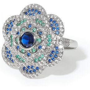 Silver Rose Flower Rings for Women Adjustable Cocktail Ring Rhinestone Cubic Zirconia White Gold Plated Ring Sparkling Crystal Open Wrap Wedding Statement Ring Jewelry for Lover Mother Day