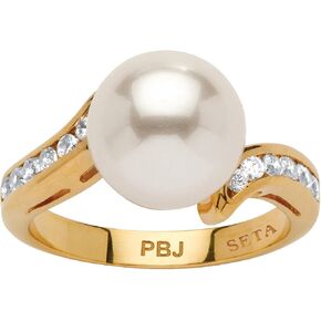 PalmBeach Yellow Gold-Plated Round Simulated Pearl and Round Cubic Zirconia Ring Sizes 5-10