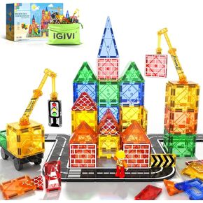 Magnetic Tiles Kids Toys Games for 3+ Year Old Boys Girls, Construction Sets With Magnet Crane Car Toys, Compatible With Road Set, STEM Building Blocks for Toddlers, Toy Gifts for Kids Ages 4-8 5-7
