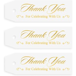 Thank You Gift Tags Gold Foil, 50-Pack, Thank You for Celebrating with Us, Gift tags for Wedding, Bridal Shower, Party Supplies, Birthdays, Tags with Hot Stamping Gold Foil, Rectangular 3