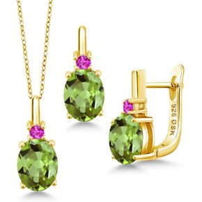 Gem Stone King 18K Yellow Gold Plated Silver Green Peridot and Pink Sapphire Pendant and Earrings Jewelry Set For Women (4.13 Cttw, Gemstone Birthstone, with 18 inch Chain)