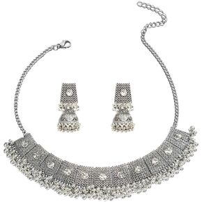 Boho Antique Silver Jewellery Sets for Brides Bridesmaid Cubic Zirconia Crystal Statement Choker Necklace Earrings Jhumki Accessories for Women Indian Ethnic Wedding Wear Bollywood Party Dancing