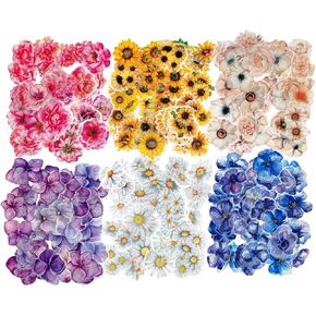 300PCS Flower Scrapbook Stickers Set Floral Botanical Resin Decals Transparent Journaling Stickers for Junk Journal Bullet Journal Planner Card Making