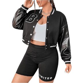 MakeMeChic Women's Plus Size Letter Patched Crop Bomber Jacket Long Sleeve Varsity Outerwear
