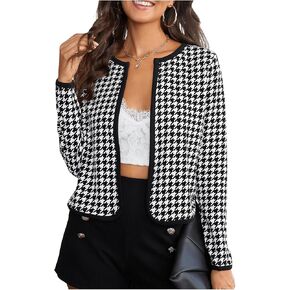MakeMeChic Women's Houndstooth Contrast Binding Open Front Long Sleeve Jackets Work Office Crop Outerwear