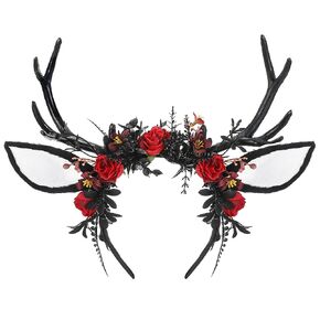 MOSTORY Black Flower Antlers Headband - Dark Floral Deer Horns Headband with Deer Ears Gothic Reindeer Headpiece for Renaissance Renfaire Outfit Halloween Deer Coslpay