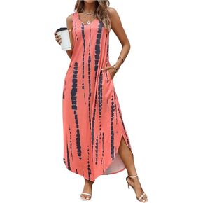 Floerns Women's Tie Dye Sleeveless V Neck Curved Hem Tank Dress with Pocket