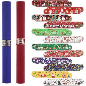XIHIRCD 24pcs Christmas Wrapping Paper Roll Holder Clips, 8.7x1.2in Holiday Flip Wraps 12 Designs Gift Wrap Clamps Strips Flip Stabilizer Slap Bands Tool for Xmas Gift Organization Storage