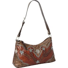 American West Leather Women's Desert Wildflower Zip Top Shoulder Bag Brown One Size