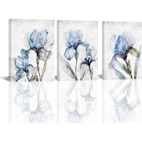 LoveHouse Blue and Grey Bathroom Wall Decor Blue Flower Painting Canvas Art Iris Floral Picture Artwork Prints (Blue)