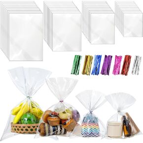 Boao 4 Sizes 200 Pieces Clear Plastic Cellophane Bags Cello Treat Bags with Mix Colors Twist Ties for Christmas Birthday Holiday (10 x 8 In,13 x10 In,16 x 12 In, 14 x 20 in)