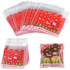 KUZIUA Christmas Cellophane Bags, 100 Pcs Clear Resealable Cellophane Treat Bags, Cellophane Gift Bags with Adhesive Closure for Snack, Cookie & Candies, Halloween Party Supplies, 4 * 4 Inch