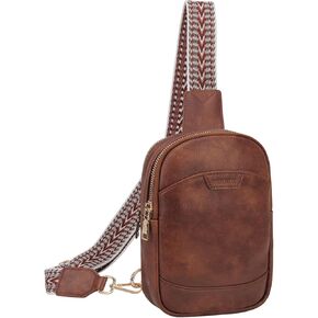 VX VONXURY Sling Bag for Women PU Leather Fanny Packs Crossbody Purse Chest Bag for Travel Hiking Cycling with Adjustable Guitar Strap Brown