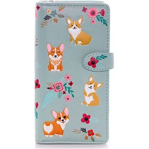 Shag Wear Corgi Dog Pattern Large Wallet for Women and Teen Girls Vegan Faux Leather 7" Mint