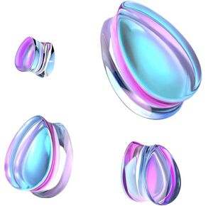 Pair (2PCS) TEAR DROP IRIDESCENT GLASS PLUGS Double Flare Organic Gauges Ear Tunnels 9310