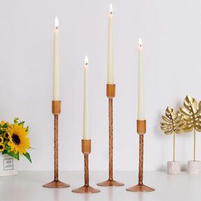 Hewory Glass Taper Candle Holders: 4 Pcs Brown Vintage Candlestick Holders Tall Candle Sticks Holder Decor, Glass Candle Holder for Table Centerpiece Wedding Christmas Advent Holiday Party Decorations