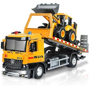 Tow Truck Toy Metal Cab, Flatbed Tow Truck Toys for Boys Age 3-5 with Backhoe Loader, Friction Powered Transport Trailers with Lights, Sounds, Construction Vehicles for Kids 12.5"