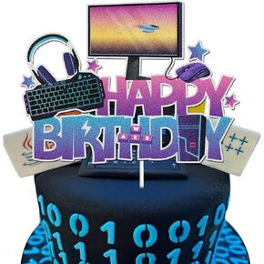 Intelligence Computer Happy Birthday Cake Topper Glitter Mouse Keyboard Headphone Cake Decoration Intelligence Computer Birthday Theme Party Supplies for Boys Girls Kids