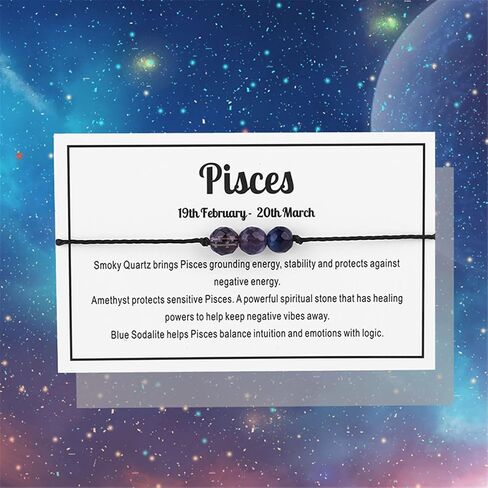 COLORFUL BLING 12 Constellations Natural Healing Stone Crystal Beaded Wrap Strand Rope Adjustable Bracelets for Women Men Funny Birthday Gifts Best Friend Jewelry on Silk Cord Meaning Card-Pisces in Saudi Arabia