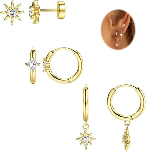 FIASASO 925 Sterling Silver Flat Back Earrings Set for Multiple Piercing Dainty Hypoallergenic Gold Huggie Flat Back Stud Earrings for Women Trendy Cute Flatback Earring Stacks for Sensitive Ears Screw Back Earrings 3 Pairs in Saudi Arabia