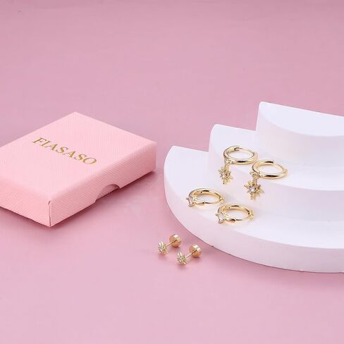 FIASASO 925 Sterling Silver Flat Back Earrings Set for Multiple Piercing Dainty Hypoallergenic Gold Huggie Flat Back Stud Earrings for Women Trendy Cute Flatback Earring Stacks for Sensitive Ears Screw Back Earrings 3 Pairs in Saudi Arabia