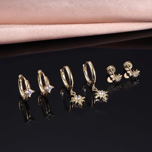 FIASASO 925 Sterling Silver Flat Back Earrings Set for Multiple Piercing Dainty Hypoallergenic Gold Huggie Flat Back Stud Earrings for Women Trendy Cute Flatback Earring Stacks for Sensitive Ears Screw Back Earrings 3 Pairs in Saudi Arabia