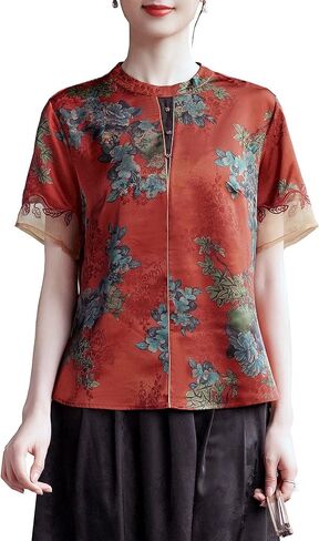 Women's Round Neck Short Sleeve Chinese Traditional Blouse with Foliage Print in Saudi Arabia