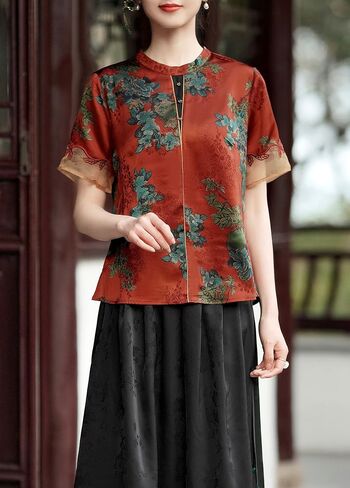 Women's Round Neck Short Sleeve Chinese Traditional Blouse with Foliage Print in Saudi Arabia