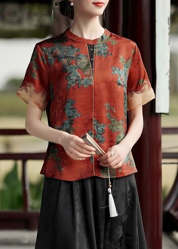 Women's Round Neck Short Sleeve Chinese Traditional Blouse with Foliage Print in Saudi Arabia