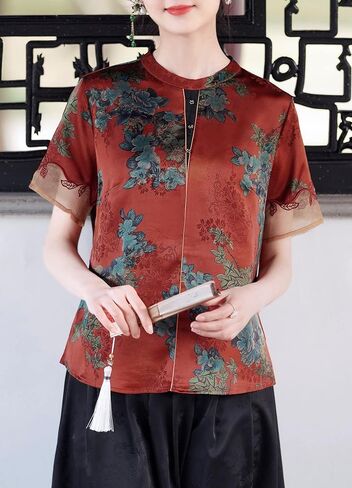 Women's Round Neck Short Sleeve Chinese Traditional Blouse with Foliage Print in Saudi Arabia