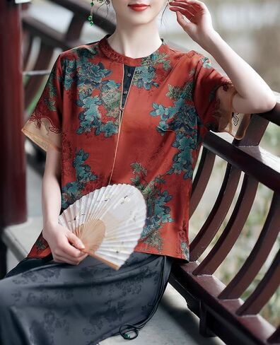Women's Round Neck Short Sleeve Chinese Traditional Blouse with Foliage Print in Saudi Arabia