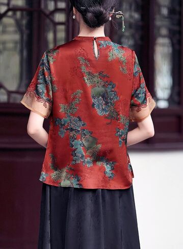 Women's Round Neck Short Sleeve Chinese Traditional Blouse with Foliage Print in Saudi Arabia
