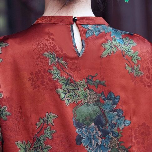 Women's Round Neck Short Sleeve Chinese Traditional Blouse with Foliage Print in Saudi Arabia